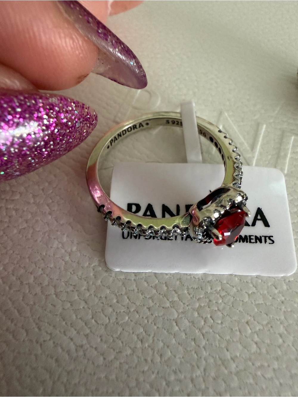 Pandora Silver Ring with Red Center Stone and Pavé Band